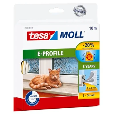 Image of tesamoll E Profile Seal Self Adhesive Rubber Draught Excluder for Insulating Gaps in Windows and Doors White 10 m x 9 mm