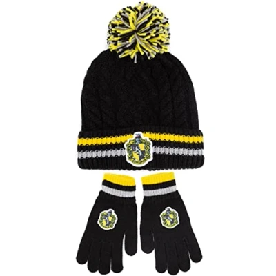 Image of Harry Potter Hat and Gloves Set Adults Mens Womens Gryffindor Ravenclaw OR Slytherin Hufflepuff House Options Knitted Pom Beanie One Size Winter