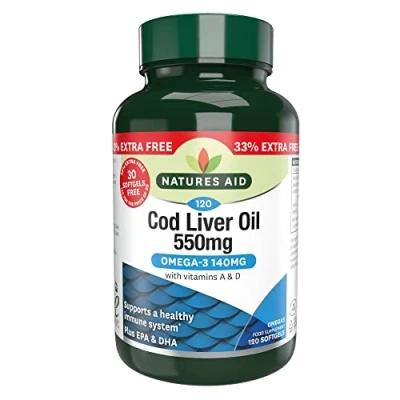 Image of Natures Aid Cod Liver Oil 550 mg 120 Softgel Capsules (Providing Omega 3, with Vitamins A and D, For the Normal Function of Immune System, Purity Guaranteed, Made in UK)