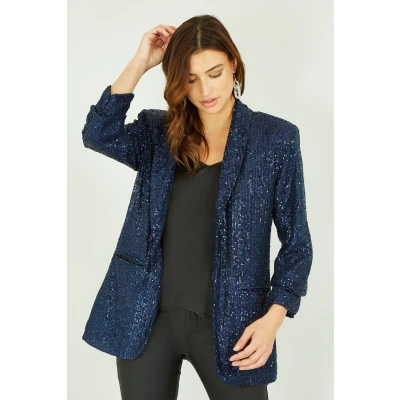 Image of Yumi Navy Sequin Blazer with Pockets 14 UK