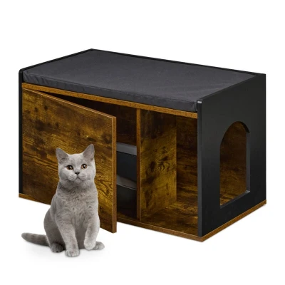 Image of Relaxdays Litter Box Enclosure, Cat Cabinet with Cushion, Pet Den &amp; Bench, HWD: 45.5 x 75 43 cm, Dog Cave, Brown/Black, Foam, Polyester, Fibreboard