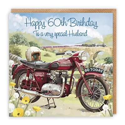 Image of Hunts England 60th Husband Motorbike Birthday Card Happy To A Very Special Classic Motorcycle Stunning Artistic Milo&#039;s