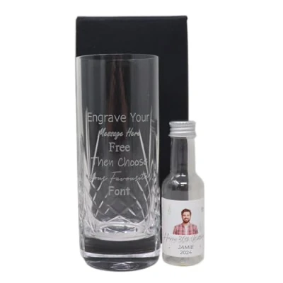 Image of Regalo Engraved Crystal Highball Hiball Glass &amp; Personalised Miniature Bottle of Alcohol Gift Set for 18th 21st Birthday (Vodka, Mini Bottle/Birthday Photo Heart) 37.5% vol