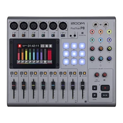 Image of Zoom P8 PodTrak Recorder, Mixing Studio and USB Interface for professional podcast recordings, 13 track, 6x XLR, phantom power, colour LCD touchscreen, silver