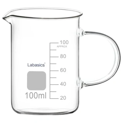 Image of Labasics Glass Beaker, G3.3 Borosilicate Laboratory Grade Graduated Beaker Transparent Measuring Cup Low Form Griffin with Handle and Spout, 100 ml