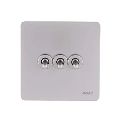 Image of Schneider Electric Ultimate Screwless Flat Plate 3 Gang Toggle 2 Way Light Switch, Single Pole, 16AX, GU1432TPN, Pearl Nickel
