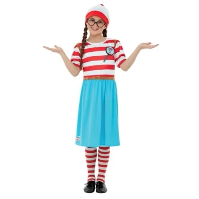 Image of Smiffys Where&#039;s Wally Wenda Deluxe Costume, Kids Red &amp; White Dress, Hat, Tights Glasses, Iconic Outfit with 3D Print, Perfect for a Themed Parties or World Book Day Halloween
