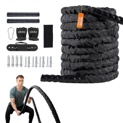 Image of VEVOR Battle Rope, 1.5 Inch Diameter 30Ft Length Polyester Exercise Equipment with Protective Sleeve &amp; Anchor, Heavy Weighted
