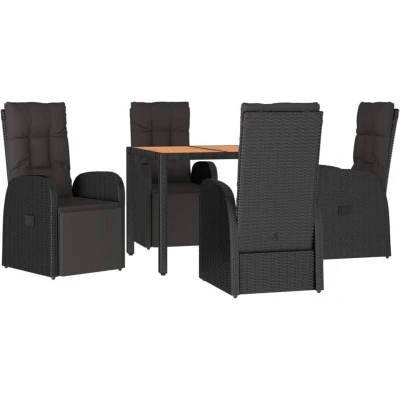Image of Vidaxl 5 Piece Garden Dining Set Black Poly Rattan&amp;Solid Wood Acacia