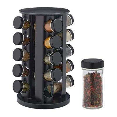 Image of Relaxdays Spice Rack, 20 Glass Jars, Rotatable, Stainless Steel, H x D: Approx. 33.5 19 cm, Black, 70% 30%