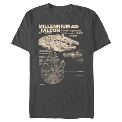 Image of STAR WARS Men&#039;s Millennium Falcon Detailed Drawing T Shirt, Charcoal, XXL