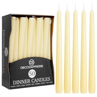 Image of Deco Express Dinner Candles Pack of 6, 10, 15 or 50 Tapered Non Drip Long Lasting 8 Hours, Unscented (Ivory Pack)