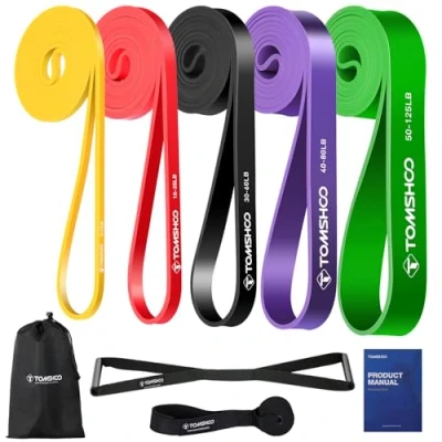Image of TOMSHOO 5 Packs Pull Up Assist Bands Set Resistance Loop Powerlifting Exercise Stretch with Door Anchor and Handles