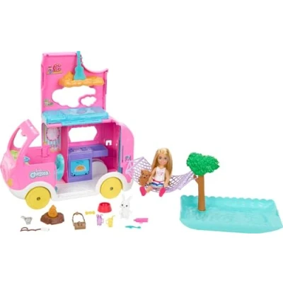 Image of Barbie Camper, Chelsea 2 in 1 Playset with Small Doll, Pets &amp; 15 Accessories, Vehicle Transforms into Camp Site, HNH90
