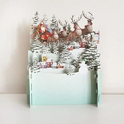 Image of Santa&#039;s Sleigh Over Rooftops 3D Pop Up Christmas Greeting Card by Alljoy Cards XPOP002