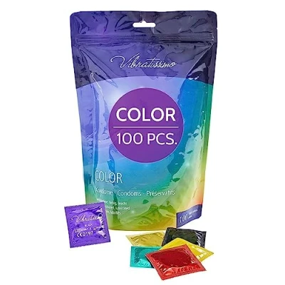 Image of VIBRATISSIMO Colour Condoms 100 Pack I Feel Real &amp; Extra Lubricated for m&#039;Men Colourful Male Contraception Including red, Black, Green, Yellow, Gold.