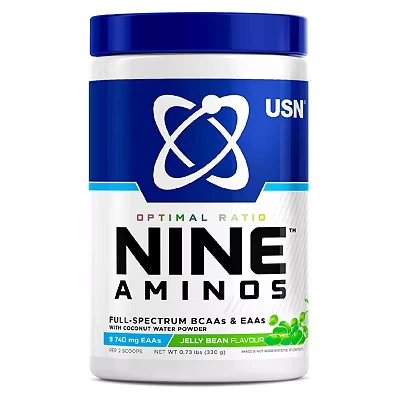 Image of USN Nine Aminos BCAA Amino Acids &amp; EAA Essential Powder with Added Magnesium Coconut Water to Support Recovery and Hydration. Jelly Beans Flavour (330g 30 Servings)