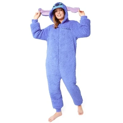 Image of Disney Stitch Fleece Onesie for Adults Teenagers Hooded Cosy Lounge Wear Fluffy Nightwear Gifts Her (Blue Stitch, XL)