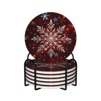 Image of Coasters for Drinks Set of 6 Ceramic Drink Coaster with Holder Absorbent Coffee Cup Christmas Snowflake Beverage Wine Beer Bar