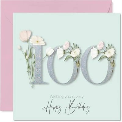 Image of 100th Birthday Cards for Women Fancy Floral Flowers Happy Card 100 Year Old Woman Gran Wife Nan Granny, 145mm Bday Greeting