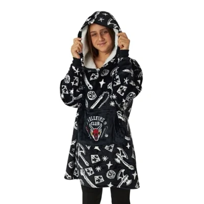 Image of Stranger Things Kids Wearable Blanket Hoodie Boys &amp; Girls Oversized Black Hooded Fleece Loungewear Hellfire Club D&amp;D All Over Print Sleepwear Costume Netflix Series Merchandise Gift for Children