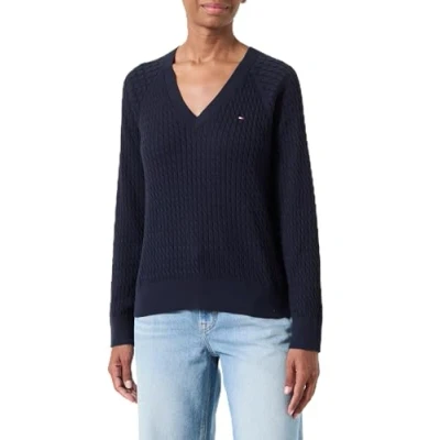 Image of Tommy Hilfiger Women’s V Neck Cable Knit Jumper, Blue (Desert Sky), XS