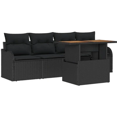 Image of vidaXL 5 Piece Garden Sofa Set with Cushions Black Poly Rattan Acacia