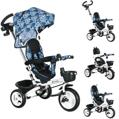 Image of HOMCOM 6 in 1 Trike for Toddler, Baby Push Tricycle Folding Bike with Parent Handle, Reversible Seat, Storage Basket, Canopy, 5 point Safety Harness, Kids Years, Light Blue