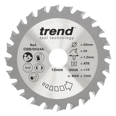 Image of Trend Wood Circular Saw Blade, 85mm Diameter, 15mm Bore, 24 Teeth, TCT, 1.2mm Kerf, +14 Hook, CSB/8524A