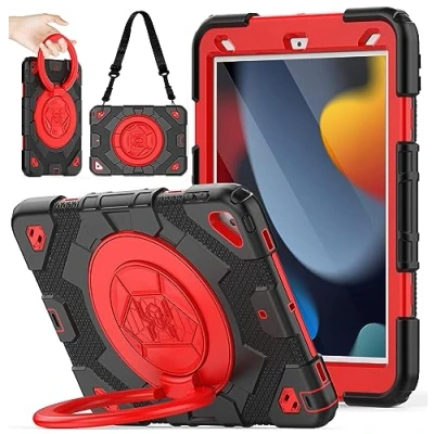 Image of DAORANGE iPad 9th Generation Case, Case for 8th/7th Generation, Shockproof with Screen Protector, 360 Rotating Stand &amp; Handle, Shoulder Strap, 10.2 2021/2020/2019 (Black/Red)
