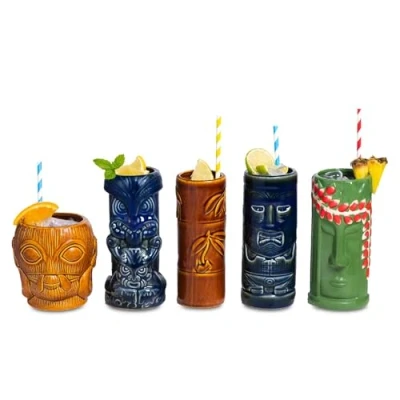 Image of bar@drinkstuff Ceramic Tropical Tiki Party Pack Set of 5 Cocktail Mugs