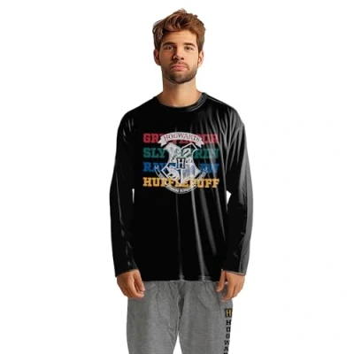 Image of Harry Potter Pyjamas for Men Hogwarts Pyjama Set Long Sleeve Top with Trousers Grey/Black, Beige/Red, L