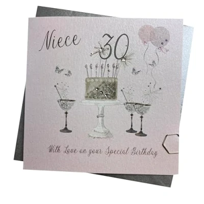 Image of WHITE COTTON CARDS Happy 30th Birthday Card Niece Sparkly Cake &amp; Glasses Pink SS42 NIE30