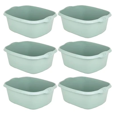 Image of M1SS Set of 6 Multi Functional Rectangular Plastic Bowl Washing Up Bowls with Integral Handles for Sink Basin Kitchen Counter Top 39cm (Silver Sage) Home, etc.