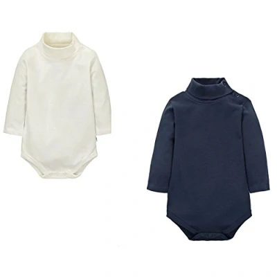 Image of CuteOn Baby Bodysuit 2 Packs Unisex Polo Neck Long Sleeve Cotton Romper Infant Bodysuits Vest RoyalBlue + Beige 12 Months
