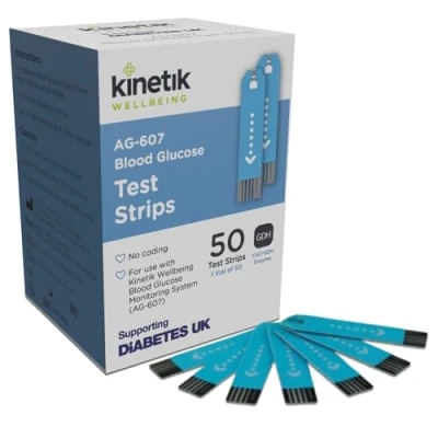 Image of Kinetik Wellbeing Blood Glucose Test Strips, Pack of 50 Compatible with Monitor AG 607 Home Diabetic Strips Used by the NHS For Level Monitors &amp; Diabetes Management