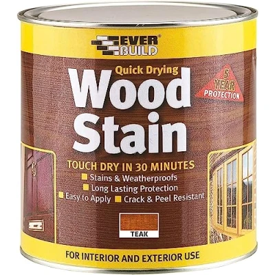 Image of Everbuild Satin Wood Stain Indoor And Outdoor Use Weatherproof UV Resistant Quick Drying Solvent Free Teak 750ml