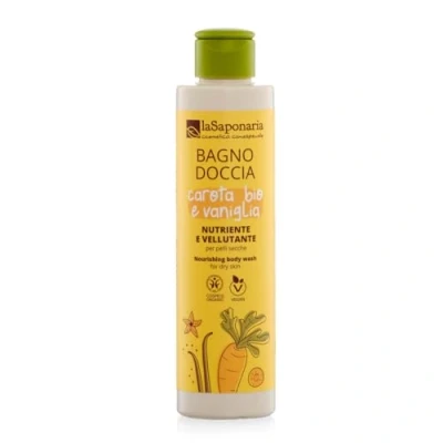 Image of La Saponaria Carrot &amp; Vanilla Body Cleanser, Shower Gel, Wash, Vitamins Antioxidants, Soothing, Natural, Vegan, Cruelty Free, Bio Plastic, Organic, 200ml