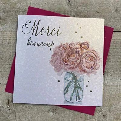 Image of WHITE COTTON CARDS MERCI BEAUCOUP FLOWERS THANK YOU CARD, HANDMADE (F B174)