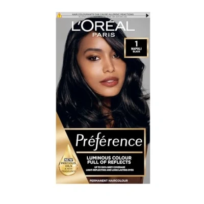 Image of L&#039;Oreal Paris Preference Hair Dye, Long Lasting, Luminous Permanent Colour, 1, Napoli (Packaging may vary)