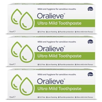 Image of Oralieve Ultra Mild Toothpaste, Dry Mouth Suitable for Sore and Sensitive Mouths, Mint Flavour, 1450ppm Fluoride, SLS Free, 75ml, 3 Pack