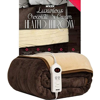 Image of MYLEK Electric Heated Throw / Over Blanket in Chocolate &amp; Cream 9 Heat Timer Settings Easy To Use Digital Control Machine Washable Ultra Soft, Cosy Finish 160 x 120cm