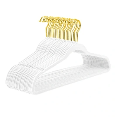 Image of MIZGI Premium Velvet Hangers Pack 50 Pcs Heavy Duty Non Slip Slimline Suit White Gold Hooks,Space Saving Clothes