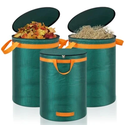 Image of Eurhomewit 3 Pcs Green Garden Waste Bags 272L, Refuse Heavy Duty with Handles and Lid, Large Sacks Reusable for Waste, Grass Leaves