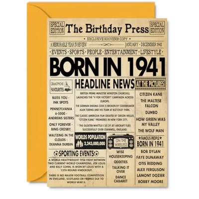 Image of 83rd Birthday Cards for Women Men Born In 1941 Newspaper Happy 83 Card Grandma Grandad Nan Vintage Retro Back 1941, A5 Eighty Three Third Bday Greeting