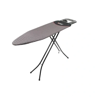 Image of Russell Hobbs LA043153BLK Folding Ironing Board XL Iron Rest, Compact Vertical Storage, Adjustable Height, 122 x 38cm, Anti Slip Feet, Lightweight, Collapsible Table, Geometric Pattern