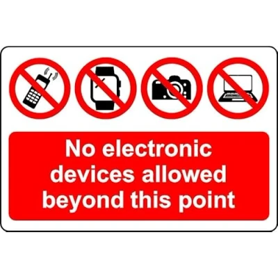 Image of No electronic devices beyond this point Safety sign Self adhesive sticker (300mm x 200mm)