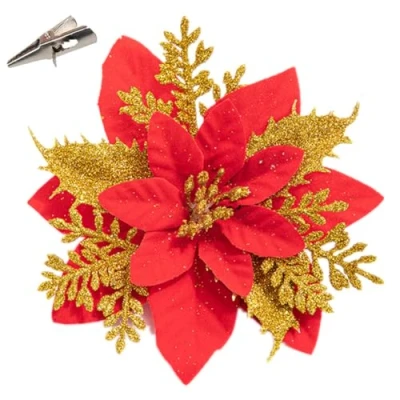 Image of Ikamazyeao 12 Pieces 5.5&quot; Artificial Flowers Glitter Poinsettia Ornaments Christmas Silk Heads with Clip for and New Year Decoration (Deep Gold red)
