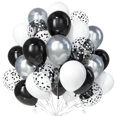 Image of Teselife Black White Silver Balloons, 30Pcs 12 Inch and Confetti Balloon with Ribbon Men Women Baby Shower Birthday Wedding Prom Anniversary Graduation Engagement Hen Party Supply