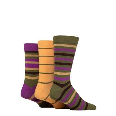 Image of Mens 3 Pair SOCKSHOP Comfort Cuff Gentle Bamboo Striped Socks with Smooth Toe Seams Wild Terrain 12 14